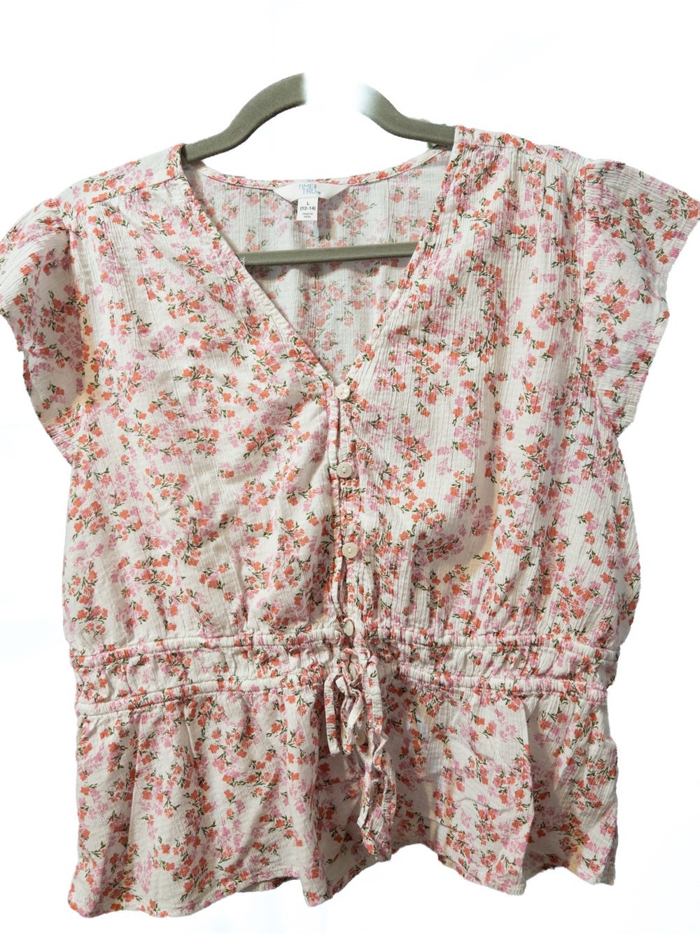 Time and Tru Floral Tie Waist Blouse Women’s L 12-14 Cottagecore Boho